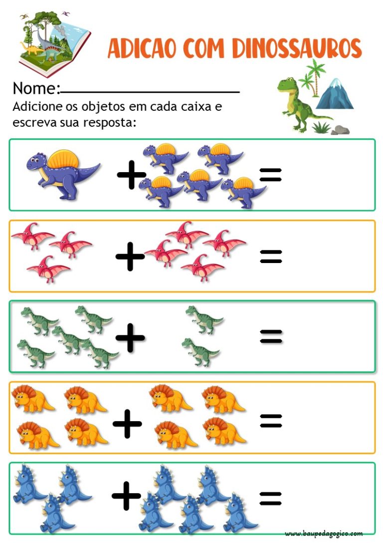 Atividades continhas de somar 1º ano tema dinossauros - BAÚ PEDAGÓGICO
