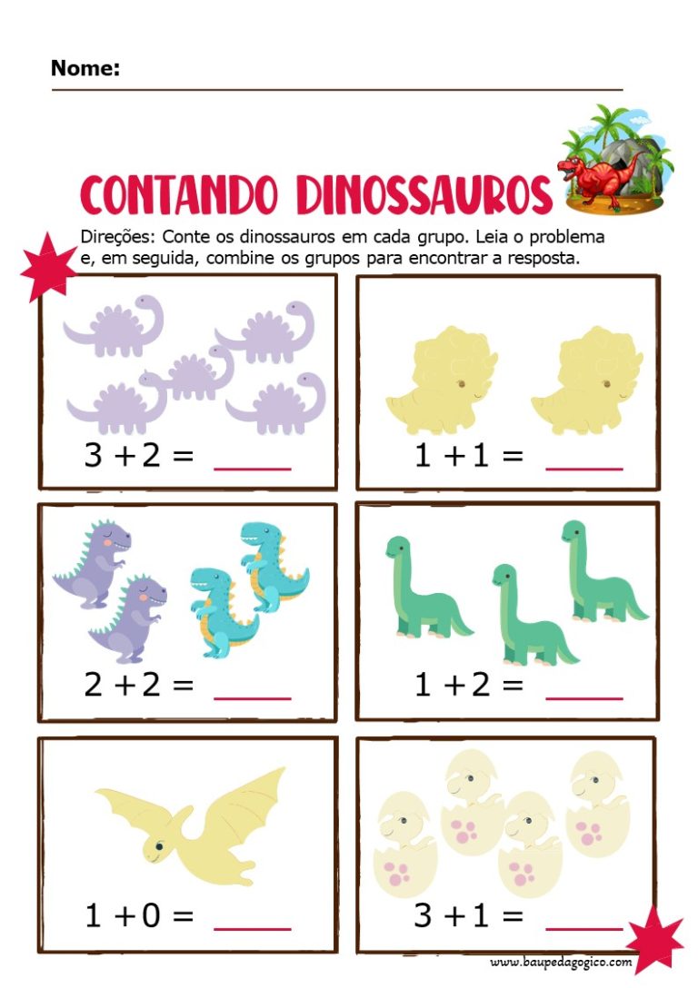 Atividades continhas de somar 1º ano tema dinossauros - BAÚ PEDAGÓGICO